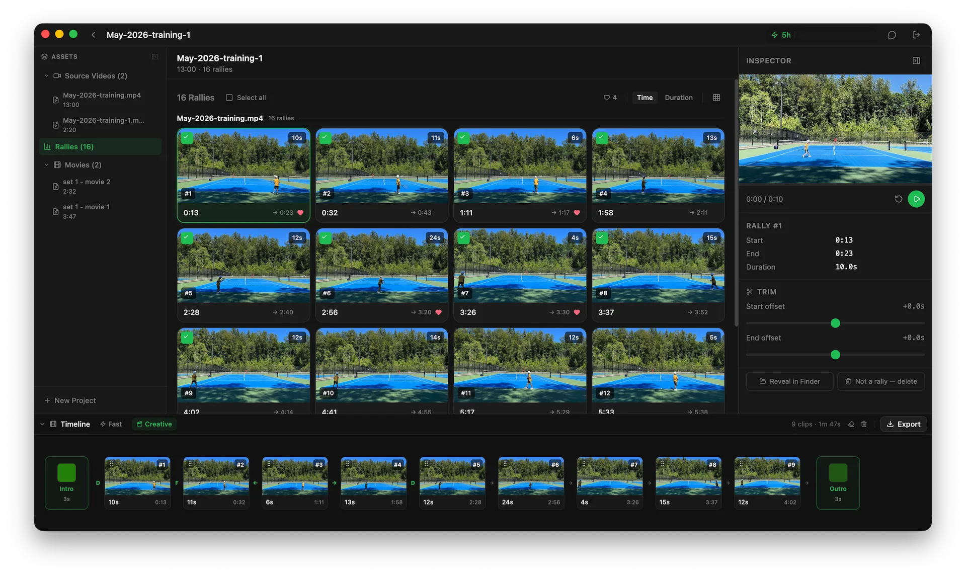Rallytics app — rally clips streaming in as the session video is analyzed
