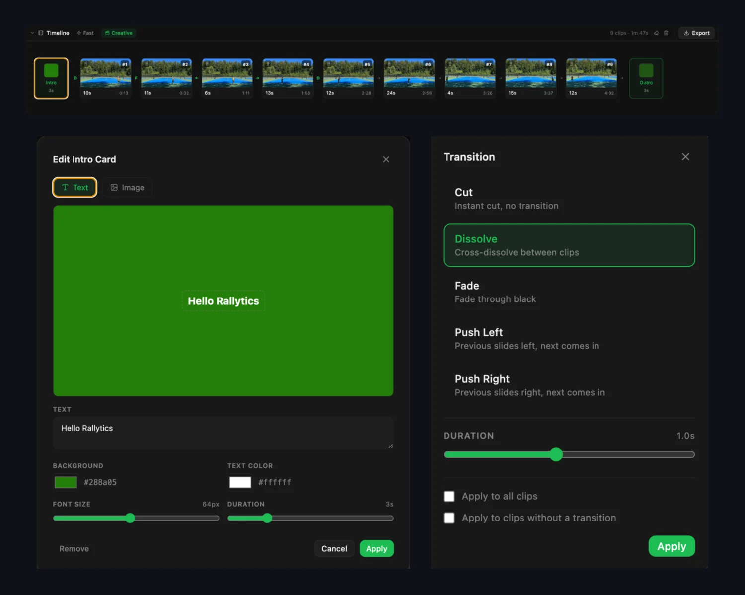Rallytics movie timeline with intro and outro cards, plus the Creative mode intro-card editor and transition picker (cut, dissolve, fade, push)